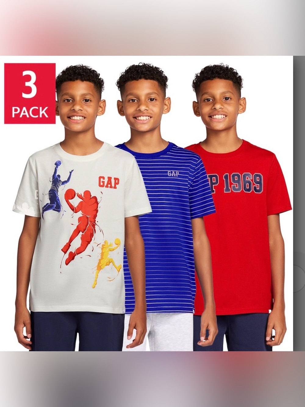 GAP Boys' Red, Royal Blue & White Graphic and Stripe Short-Sleeve Tees - 3-Pack